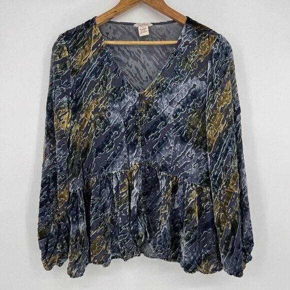 Sundance Med Velvet Burnout Sheer Silk V-Neck Peplum Long Sleeve Blouse Boho - Picture 1 of 9